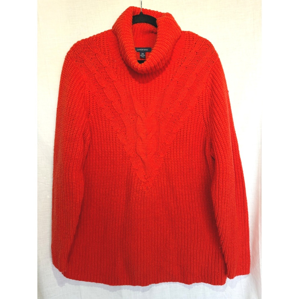 Lands End Wool Blend Turtleneck Sweater Orange Red Cable Knit Plus Size 2X